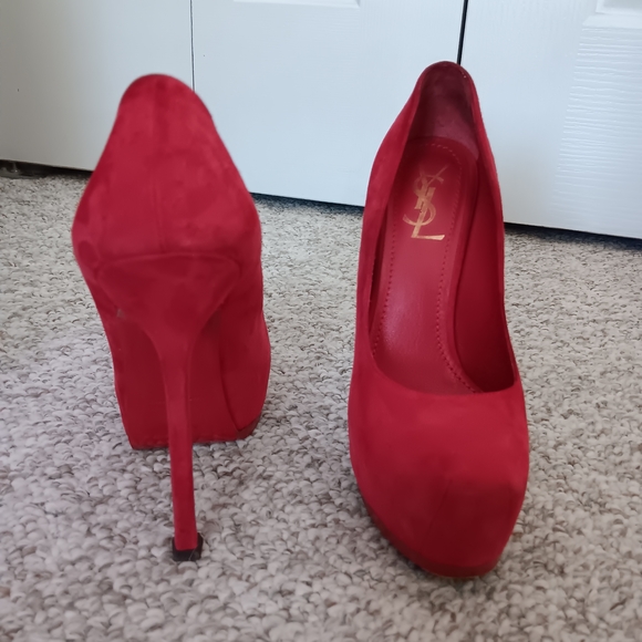 Yves Saint Laurent Tribtoo Red Suede Leather Pumps - 7.5 - Picture 2 of 12